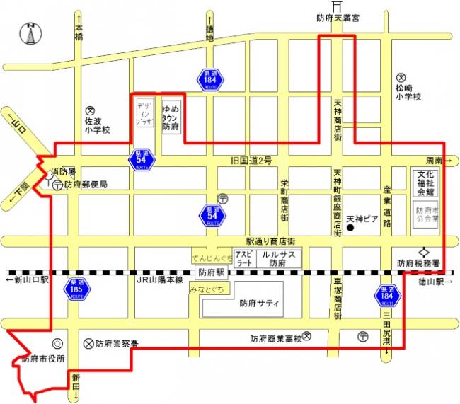 防府市の商業地域の範囲を示す地図です