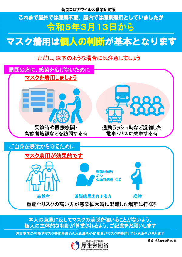 令和5年3月13日以降のマスク着用は個人の判断になります