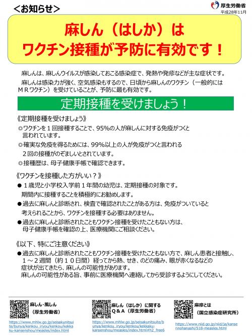 麻しん（はしか）はワクチン接種が予防に有効です！ 